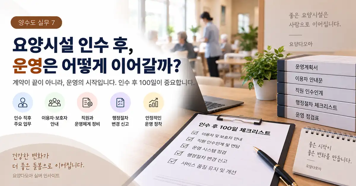 요양시설 인수 후 이용자 안내와 직원 인수인계, 행정절차, 운영 점검 항목을 정리하는 모습