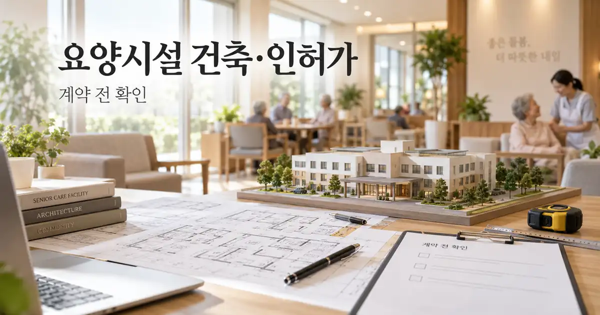 요양시설 건축·인허가 검토를 위해 건물 평면도와 계약 전 확인사항을 살펴보는 이미지